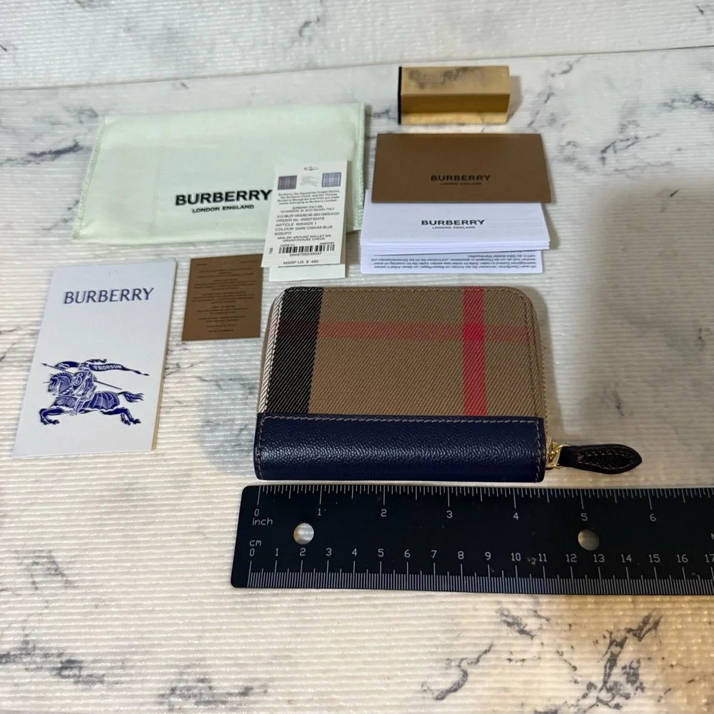 Burberry Check Canvas Navy Blue Zip Around Wallet - Picture 15 of 17